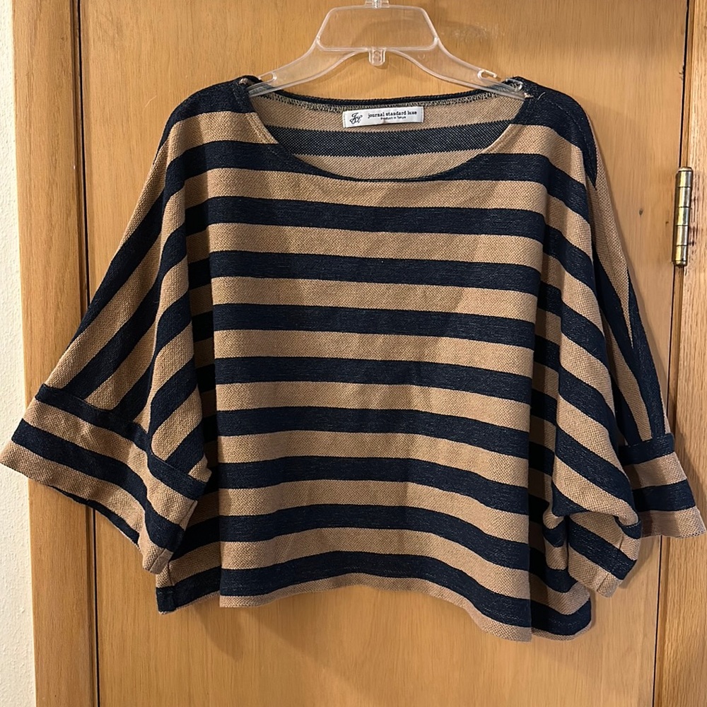 Journal Standard Luxe Striped Cropped Top Cotton Tan Navy Blue Size M-L